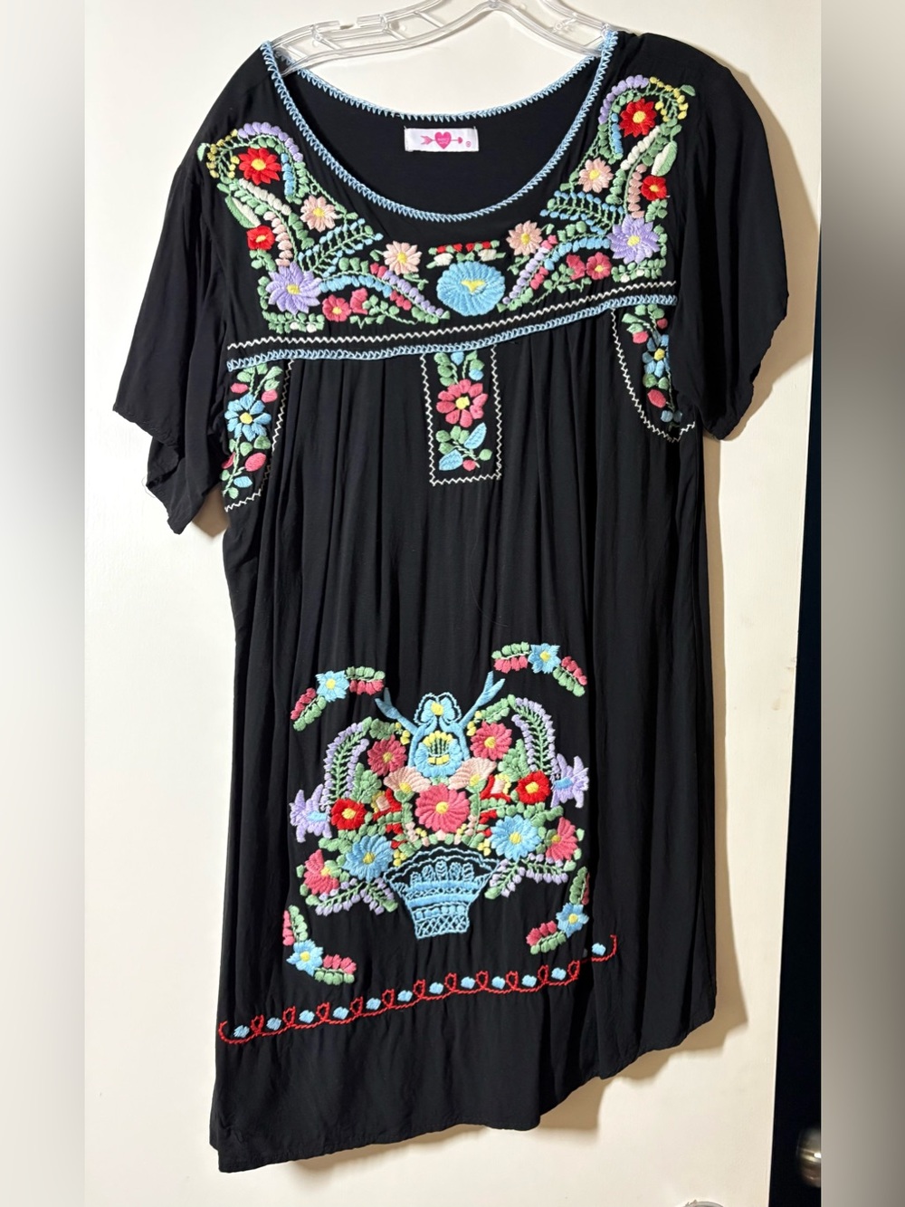 Black Embroidered Floral Mexican-Style Dress